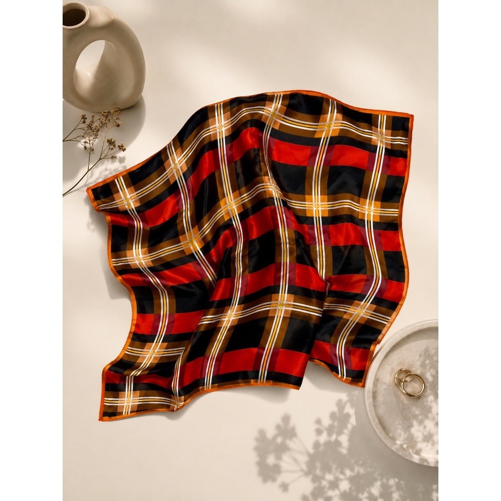 Orange Red Black Plaid Square‎ Scarf Large Geometric Retro Mod Head Wrap Wildrag